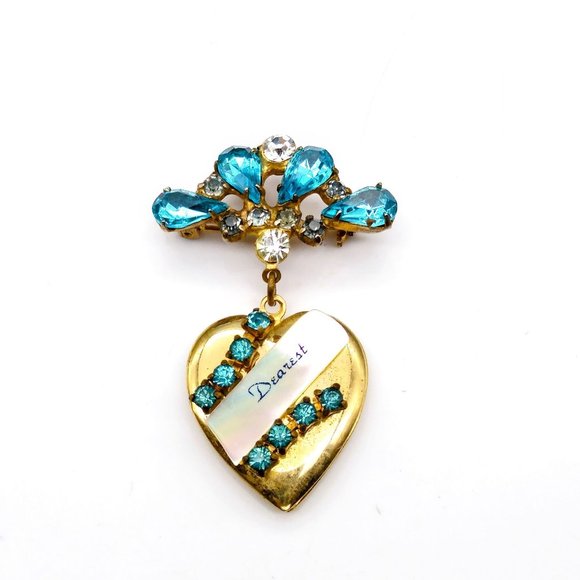 MCM Forget Me Not Love Brooch, Blue Crystals and MOP Dearest on Dangling Gold - Picture 1 of 4